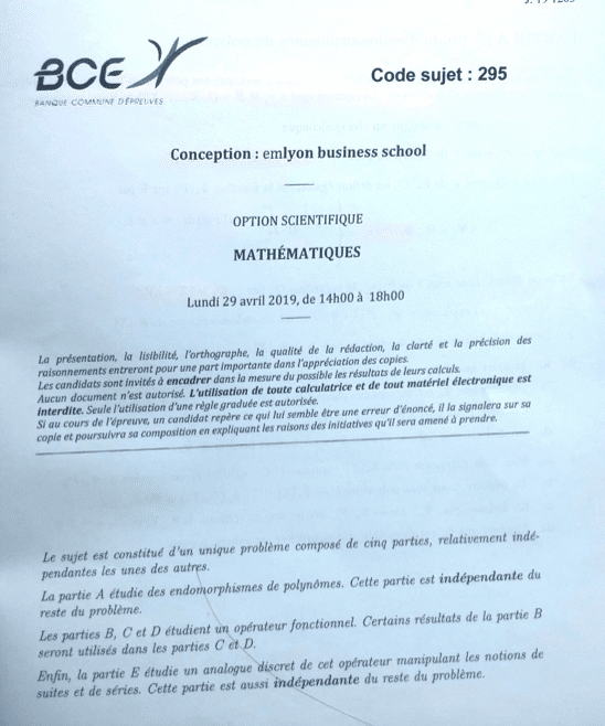 Le Concours Corrigé Analyse Du Sujet Maths Ecs Emlyon Bce - 